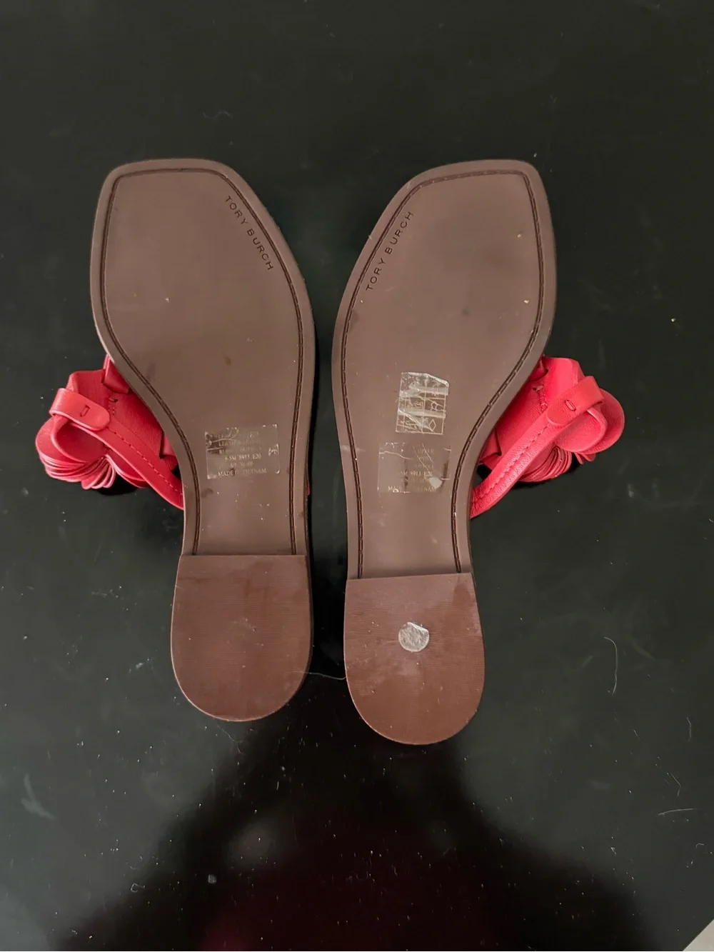 Tory Burch Red Knotted Thong Sandals with Gold Script Accent